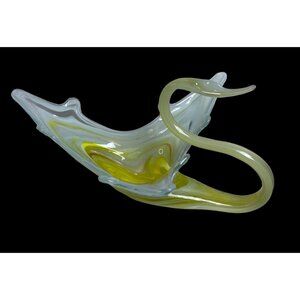Vtg Large Hand Blown Murano Yellow White Swirl Art Glass Swan Bowl, Candy Dish
